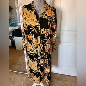Zara Floral Bamboo Print Button-Up Belted Shirt Dress